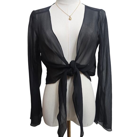 Tadashi Women Vtg Y2K Fairy Whimsigoth Sheer Black Flare Sleeve Tie Front Top 8 - Picture 1 of 12
